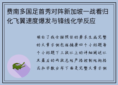 费南多国足首秀对阵新加坡一战看归化飞翼速度爆发与锋线化学反应